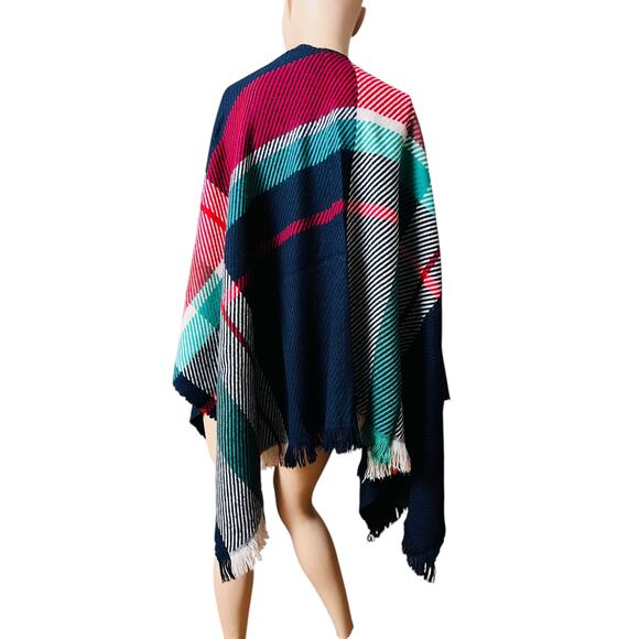 Maje Jacquard Poncho Lightweight Cape Top One Size Open Front Fringed Trim - Picture 7 of 9